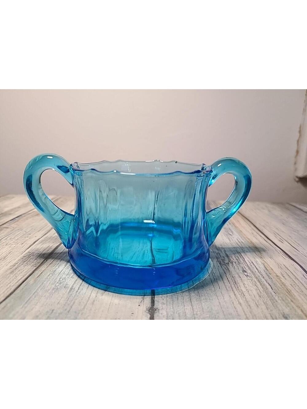 Manganese Cobalt Blue Sugar Bowl With Dual Handles And Jagged Edge Edge Look